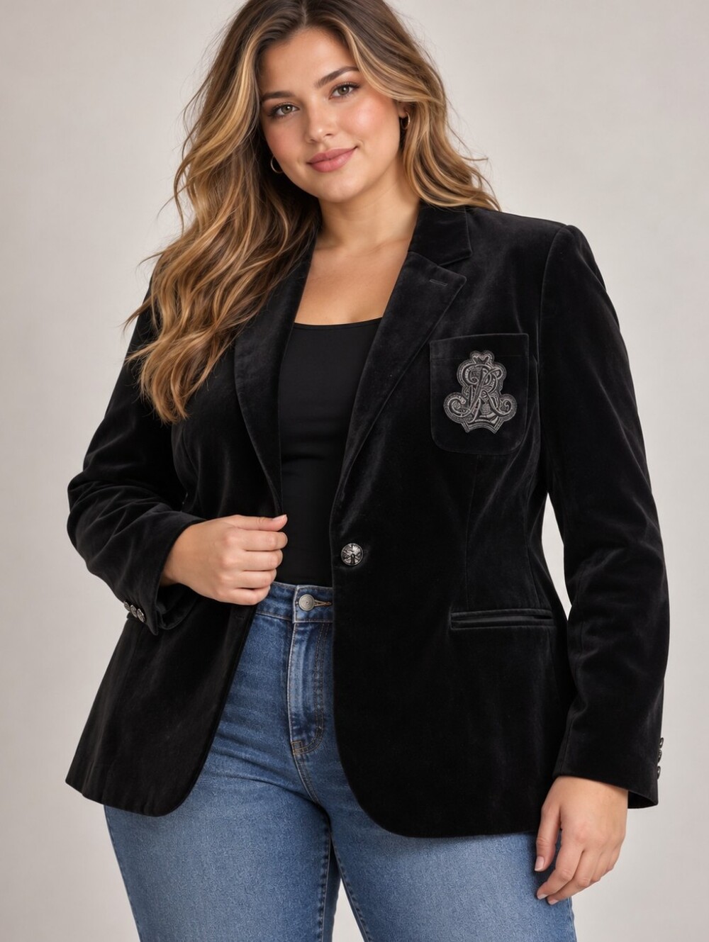 Lauren Ralph Lauren Black Velvet Single Button Crest Blazer Plus Size 22W